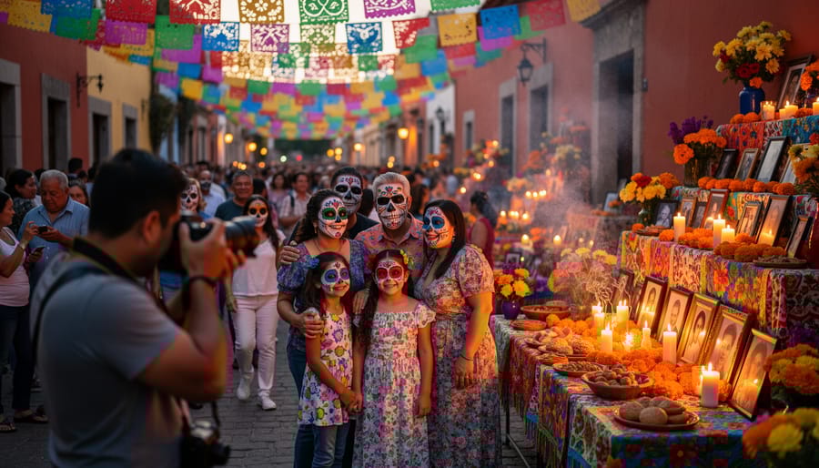 Traditional Day of the Dead altar with marigold flowers, candles, and memorial photographs
