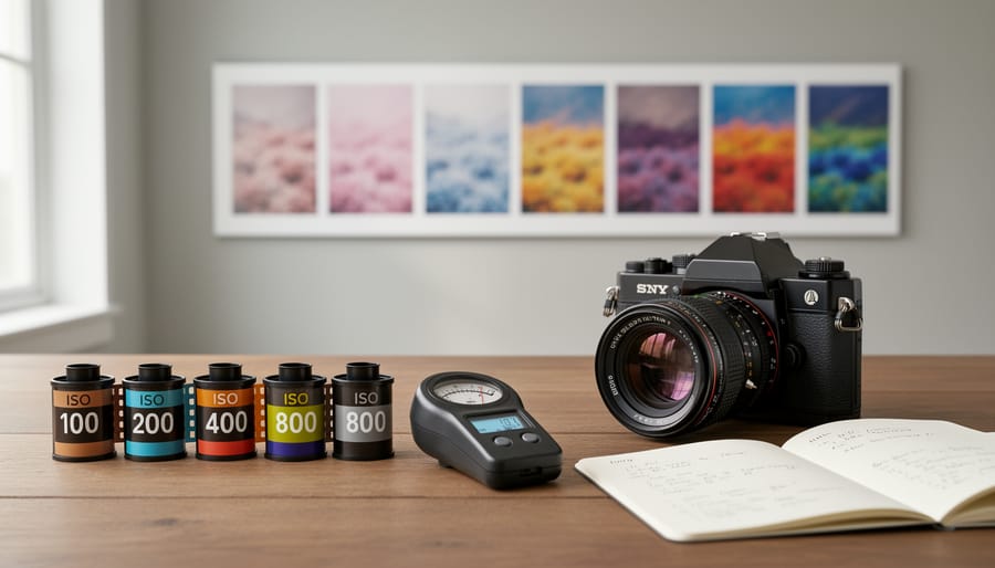 Three different types of 35mm film rolls on wooden table with vintage camera