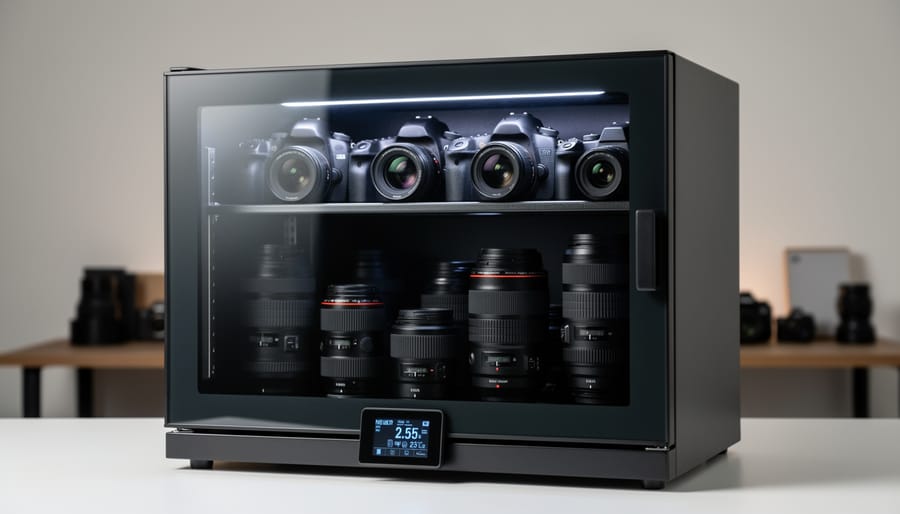 Dry cabinet with glass door displaying organized photography equipment on shelves