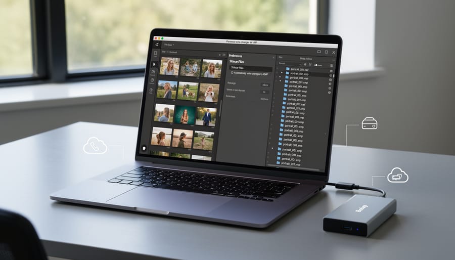 Photographer adjusting software settings on laptop for sidecar file management