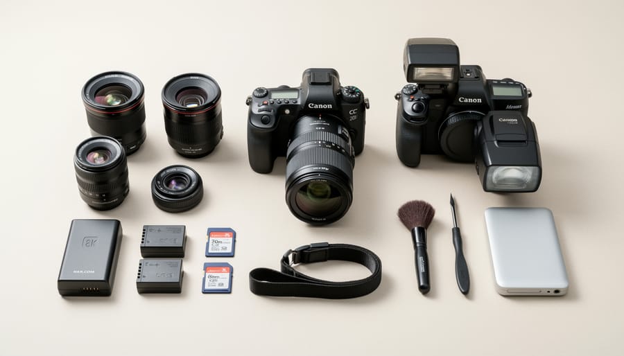 Overhead view of professional photography equipment including cameras, lenses, and accessories
