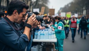 Photographer at the edge of a protest holding a camera by a wrist strap, lens lowered, with a softly blurred crowd, volunteer medics, and non-legible signs in the background, suggesting ethical, safety-conscious documentation.