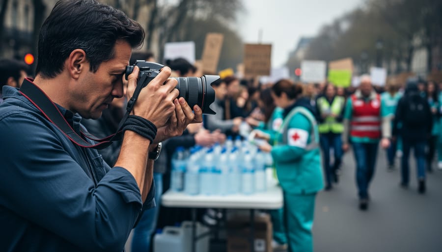 Photographer at the edge of a protest holding a camera by a wrist strap, lens lowered, with a softly blurred crowd, volunteer medics, and non-legible signs in the background, suggesting ethical, safety-conscious documentation.