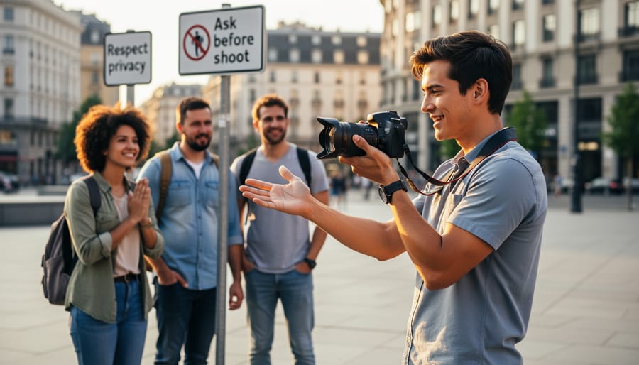 Photographer showing respect for subject's privacy while using smartphone camera