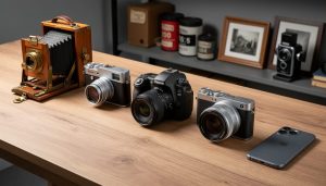 Row of cameras on a wooden table, from a large 19th-century wooden bellows camera on tripod to 35mm film, DSLR, mirrorless, and a modern smartphone, shot from above with soft studio lighting and deep focus.