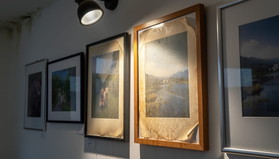 Faded photographic print showing visible color deterioration in gallery display