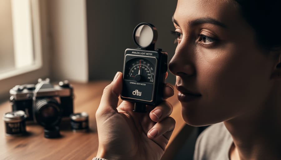 Hand holding a handheld light meter near the shadowed side of a person’s face, with a vintage 35mm film camera and film canisters blurred on a wooden desk in warm side window light.