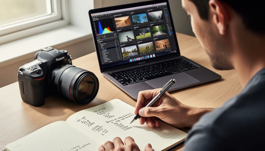 Photographer's exposure notes in notebook next to developed film negatives on light table