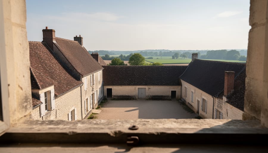 The first permanent photograph from 1826 showing blurry buildings in sepia tones