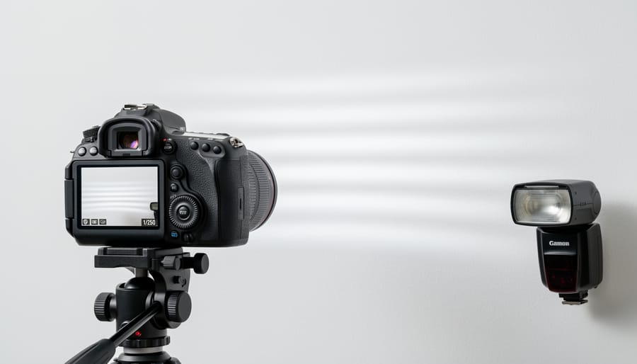 Photographer conducting flash sync speed test by shooting a plain white wall