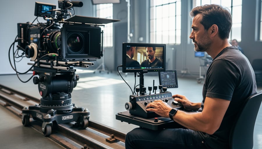 Close-up of focus puller's hands operating wireless follow focus control unit