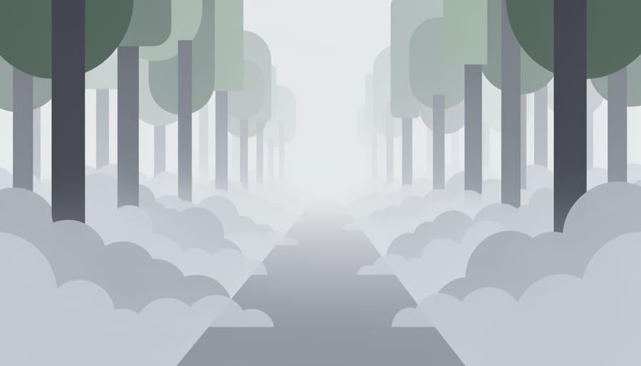 Fog-covered forest path with trees fading into thick mist
