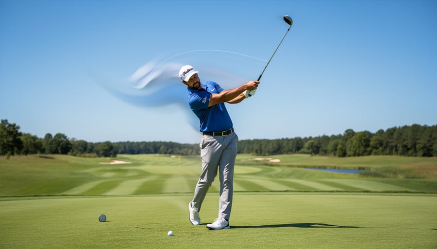 Golfer mid-swing showing rolling shutter effect on golf club