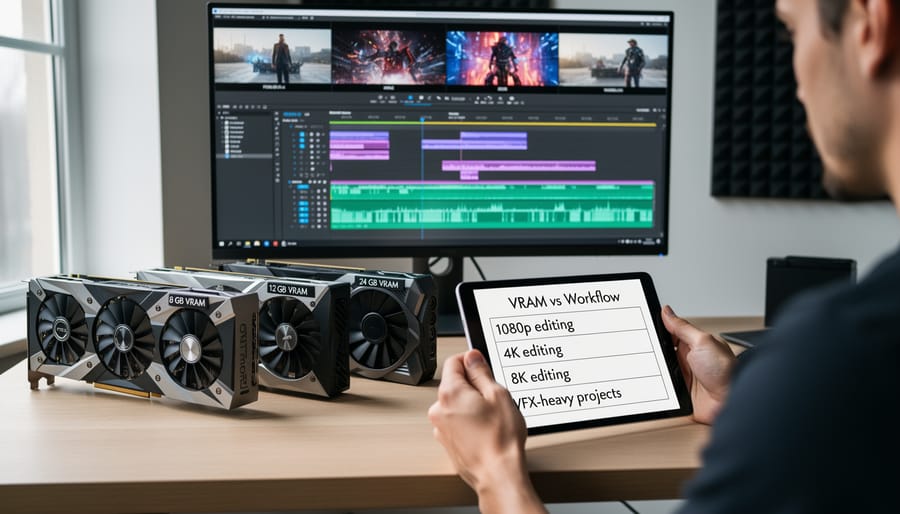 Three graphics cards of varying sizes arranged for comparison on desk