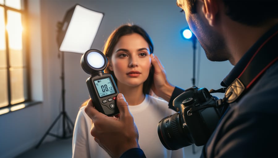 Photographer using handheld light meter in golden hour lighting