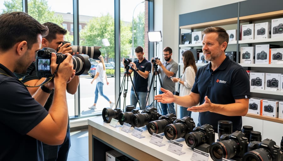 Photographer testing camera equipment at outdoor brand demonstration event