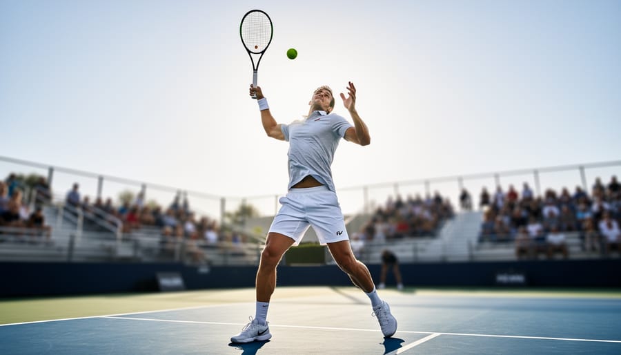 Low-angle photo of a tennis player mid-serve on a sunlit court with a small off-camera speedlight firing from the right, strong rim light from afternoon sun, and a shallow depth of field blurring bleachers and fence.