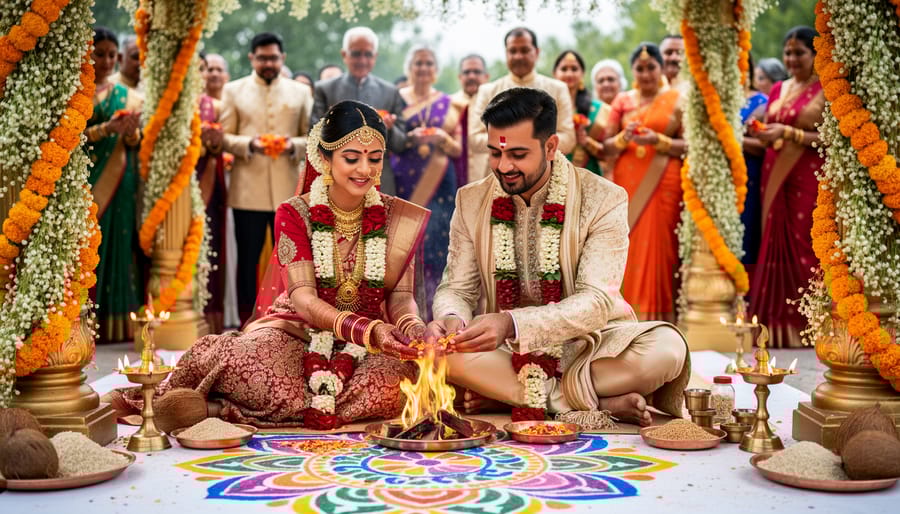 Close-up of bride and groom's hands with henna patterns during Hindu wedding ceremony