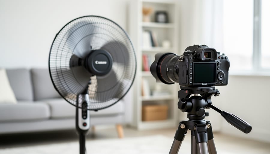 Photographer testing camera rolling shutter with desk fan setup