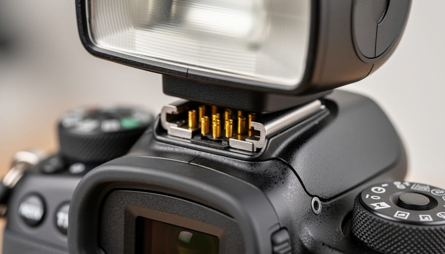 Close-up macro view of camera hot shoe mount showing metal contact pins