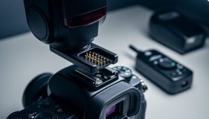 Close-up 45-degree view of an unbranded camera hot shoe with multi-pin contacts as a third-party speedlight foot sits slightly misaligned above the mount, dramatic side lighting, with a blurred extra flash and radio trigger in the background.