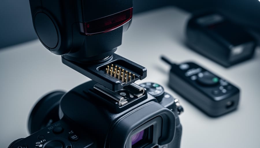 Close-up 45-degree view of an unbranded camera hot shoe with multi-pin contacts as a third-party speedlight foot sits slightly misaligned above the mount, dramatic side lighting, with a blurred extra flash and radio trigger in the background.