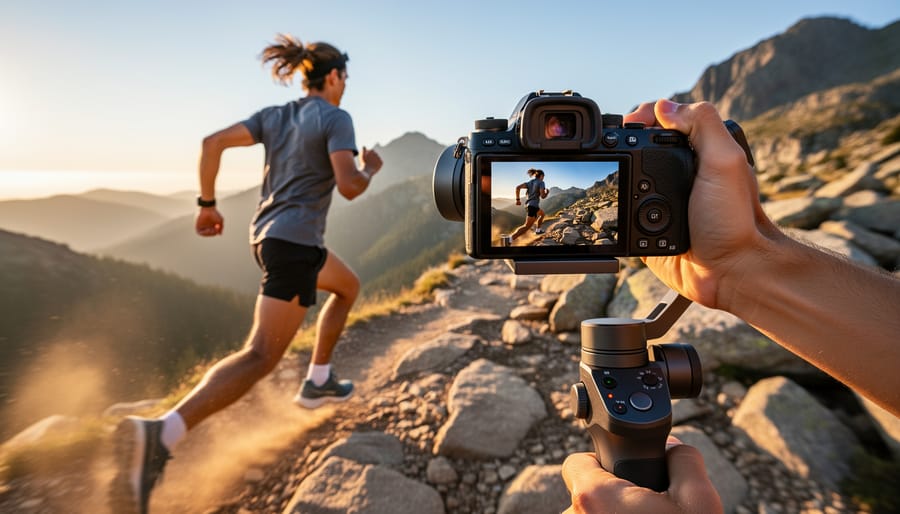 Action camera display screen showing stabilization feature in outdoor setting