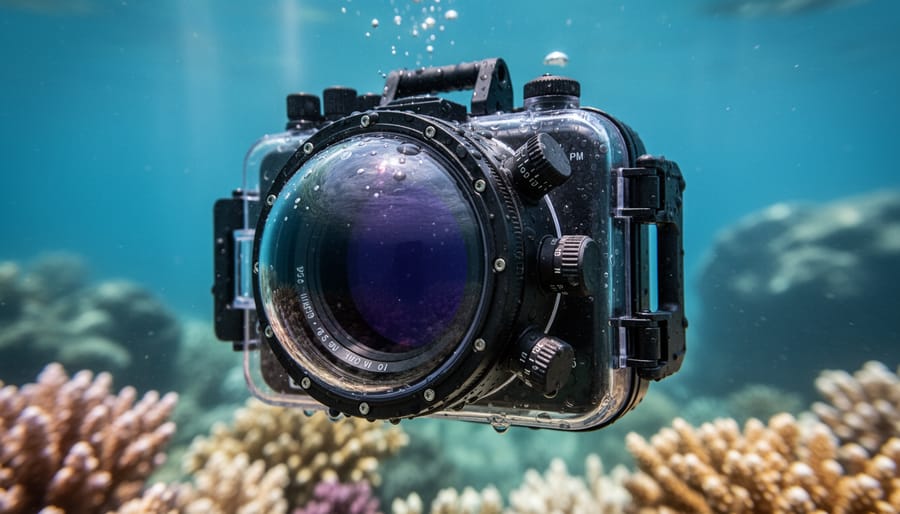 Underwater camera housing with infrared filter mounted on lens port