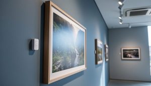 Close-up view of a framed photographic print in a gallery with a small white IoT environmental sensor mounted beside it, soft daylight and track lighting, blurred background showing additional frames and an HVAC vent.