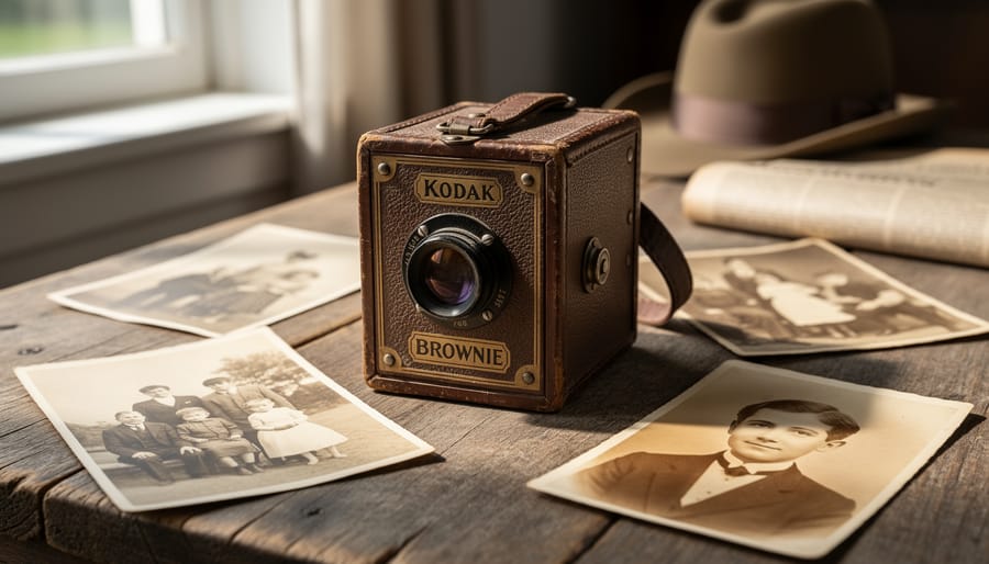 Vintage Kodak Brownie box camera from early 1900s on wooden surface