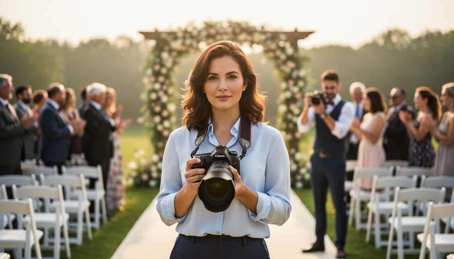 Professional photographer with camera ready to shoot at upscale event venue