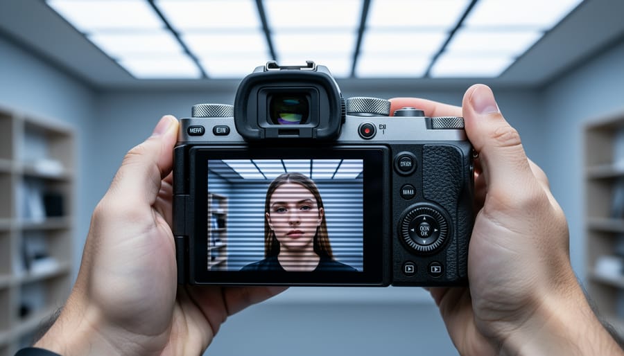 Camera LCD screen displaying photograph with horizontal banding caused by LED flicker