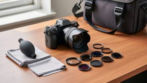Three-quarter top-down view of a mirrorless camera with lens hood, circular filters (clear/UV and polarizer), fixed ND filters, microfiber cloths, and a rocket blower on a wooden desk, with an open camera bag softly blurred in the background.