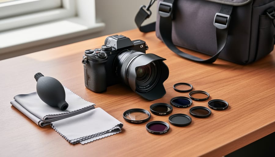 Three-quarter top-down view of a mirrorless camera with lens hood, circular filters (clear/UV and polarizer), fixed ND filters, microfiber cloths, and a rocket blower on a wooden desk, with an open camera bag softly blurred in the background.