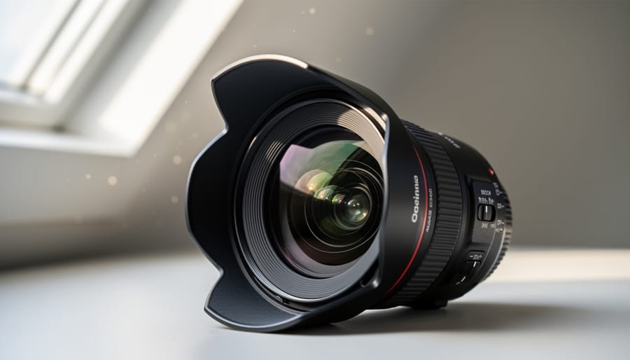 Close-up of camera lens hood showing interior design and light-blocking construction