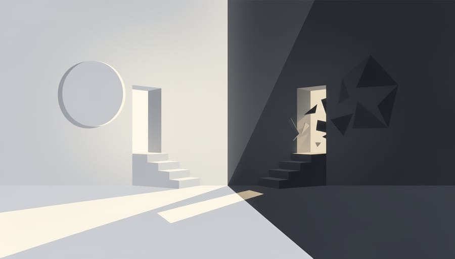 Doorway with dramatic lighting showing half in golden light and half in shadow