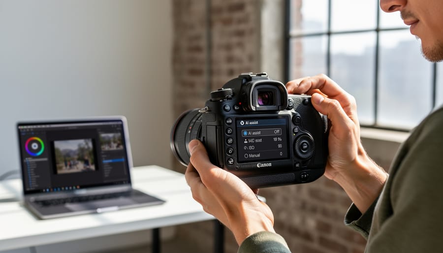 Photographer adjusting manual camera settings and controls
