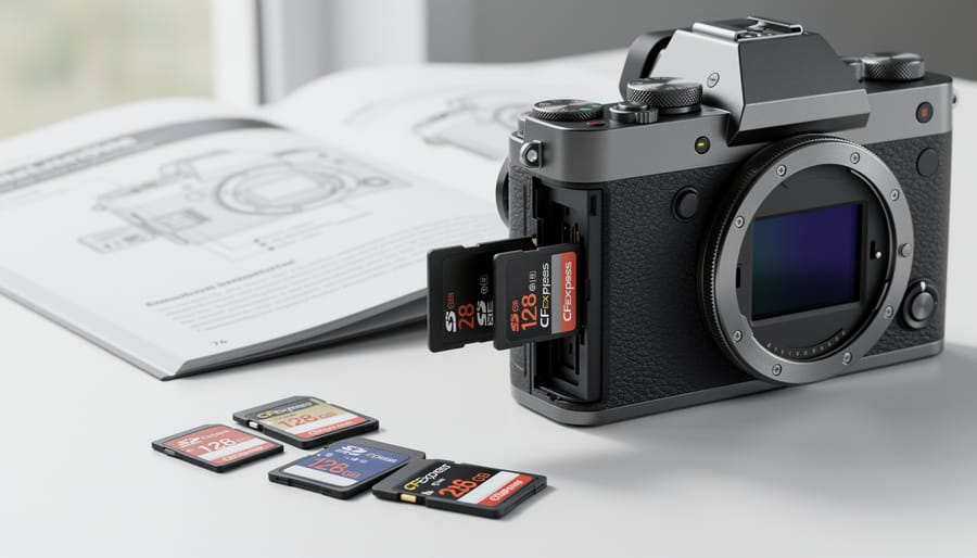 Close-up of memory card being inserted into professional camera card slot