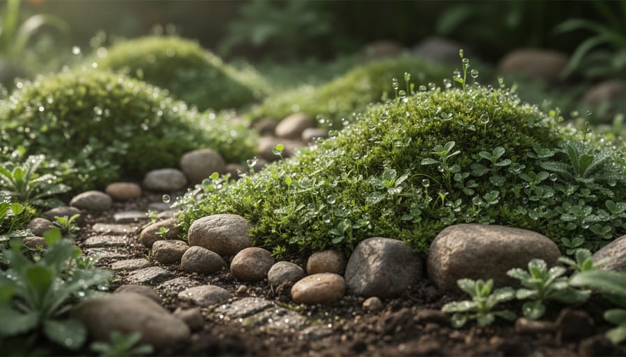 Close-up macro view of frost patterns on autumn leaves and forest floor details