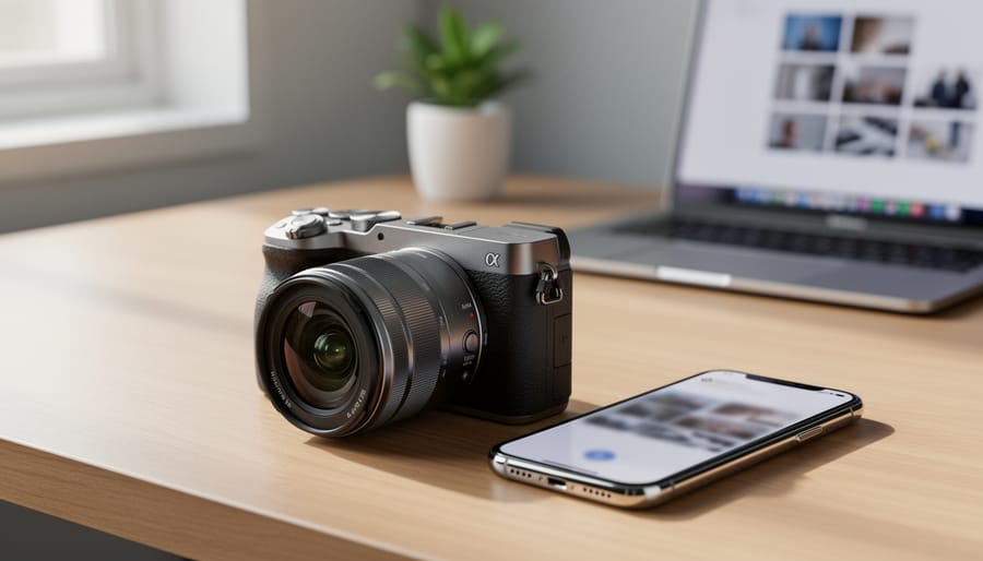 Modern mirrorless camera and smartphone on desk representing current camera technology