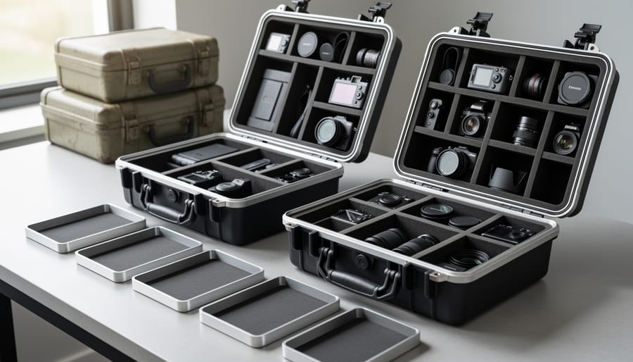 Overhead view of hands arranging modular padded dividers in camera storage case