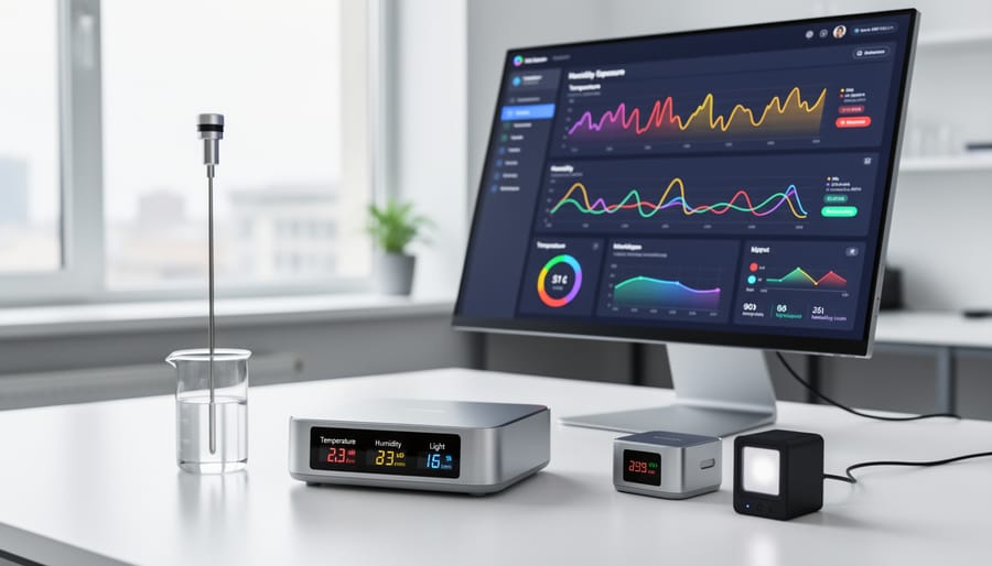 Environmental monitoring devices and laptop displaying sensor data on gallery desk