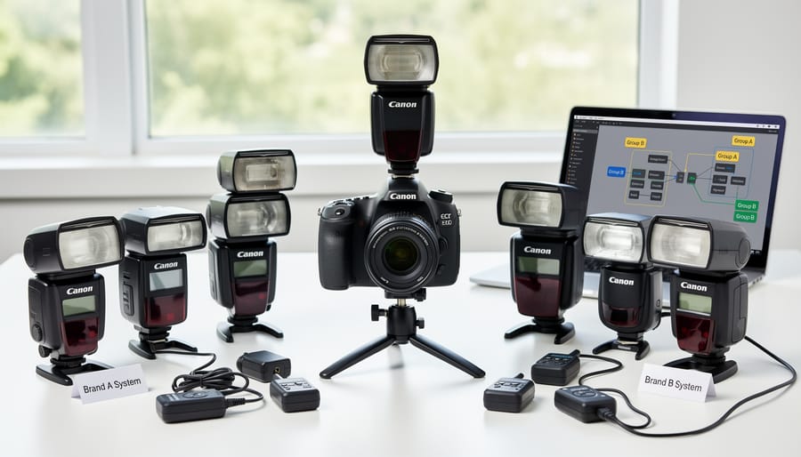 Three different brand external camera flash units displayed side by side