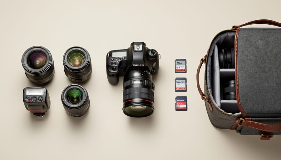 Camera surrounded by related photography accessories and equipment