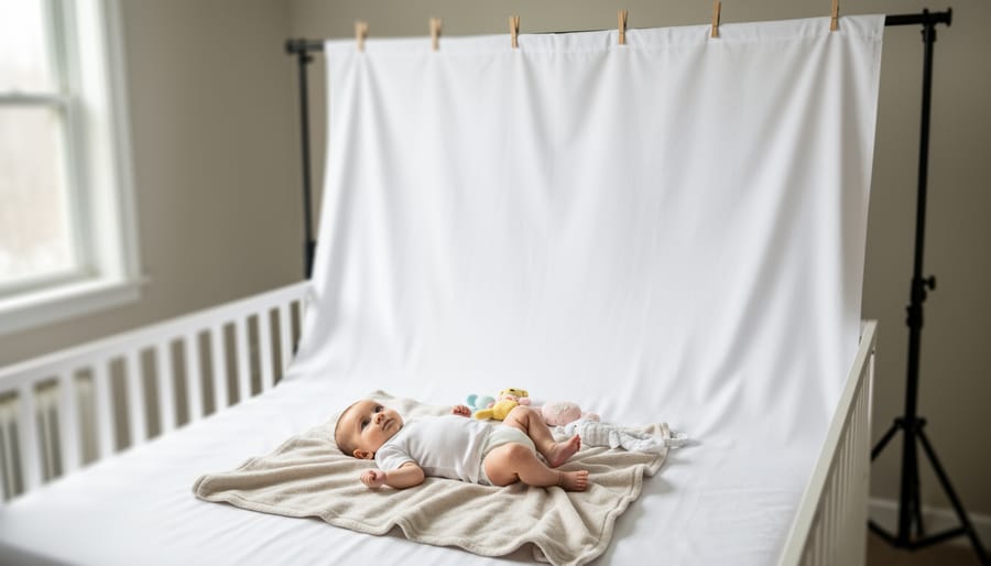 Baby on a neutral blanket in front of a white bedsheet backdrop clipped to a curtain rod, lit by soft window light in a cozy nursery with background elements softly blurred.