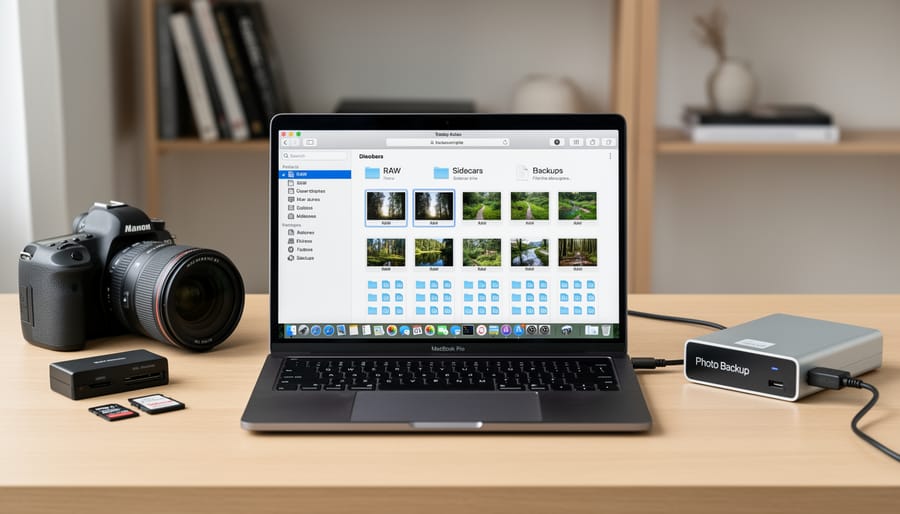 External hard drive and laptop displaying organized photo file structure