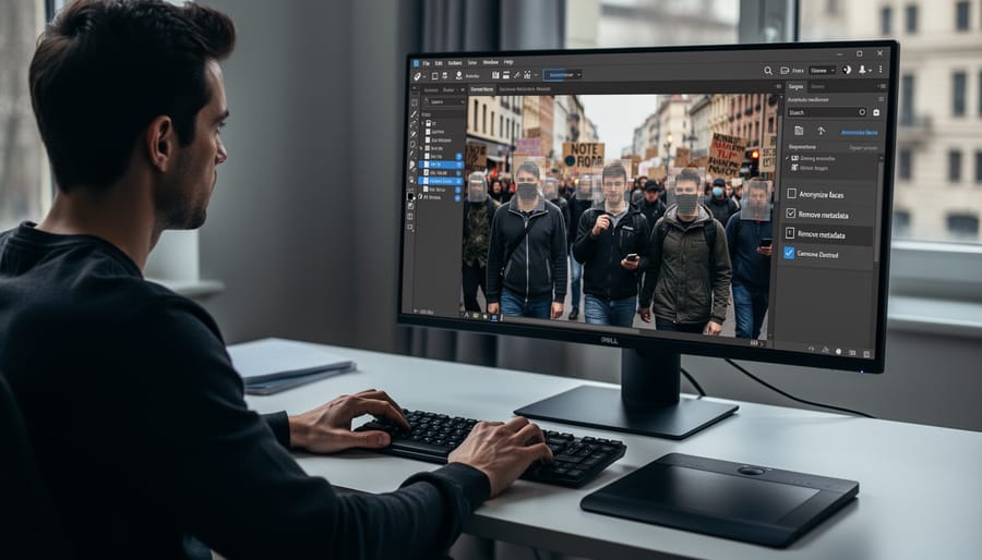 Photo editor working on anonymizing protest photographs on laptop