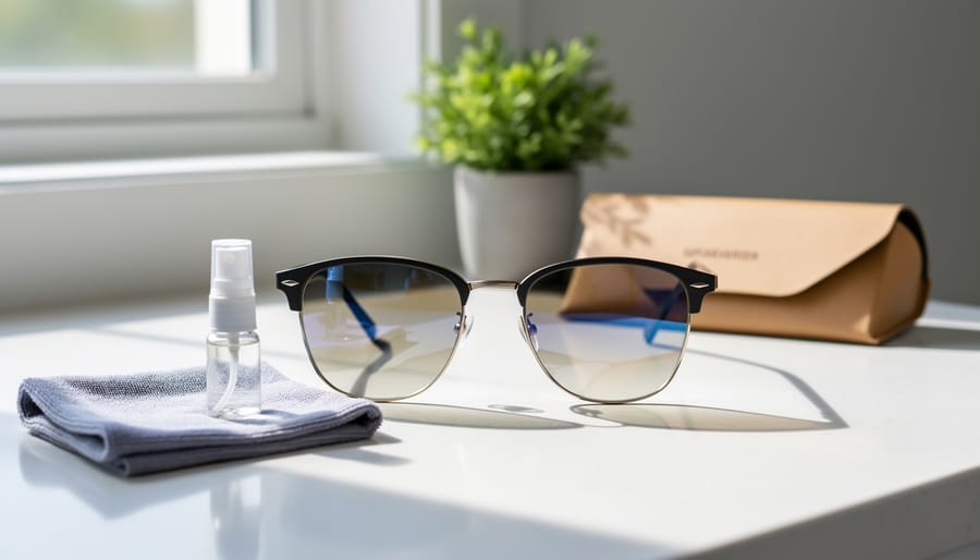 Hands carefully cleaning photochromic sunglasses with microfiber cloth demonstrating proper lens care