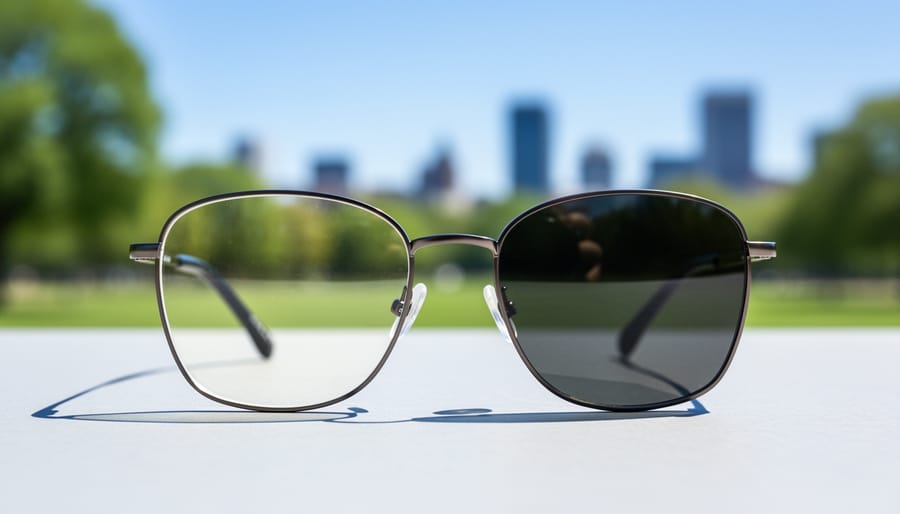 Close-up of photochromic eyeglass lenses showing the darkening effect from UV light exposure