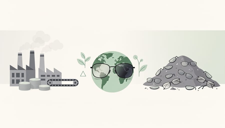 Discarded eyeglass frames and manufacturing waste on natural ground illustrating environmental impact